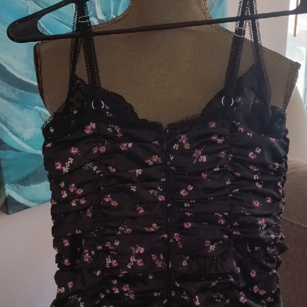 For Love And Lemons Ruched Black Dress with Pink Floral Accents - Picture 5 of 7